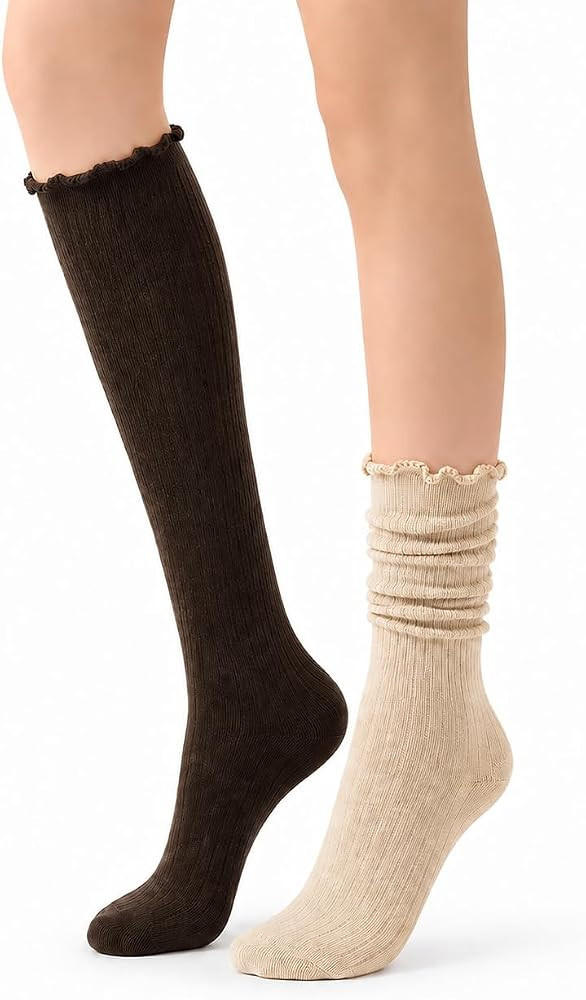 Women\u2019s Knee High Socks with Ruffle Trim Soft Scrunch Stack Socks for Boots & Sneakers | Amazon (US)
