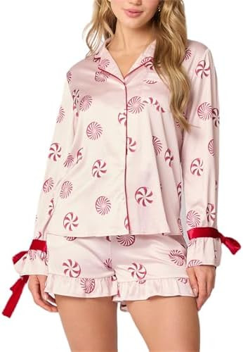 Alyweatry Women Christmas 2 Piece Pajama Set Cute Print Long Sleeve Button Down Shirt Elastic Sho... | Amazon (US)