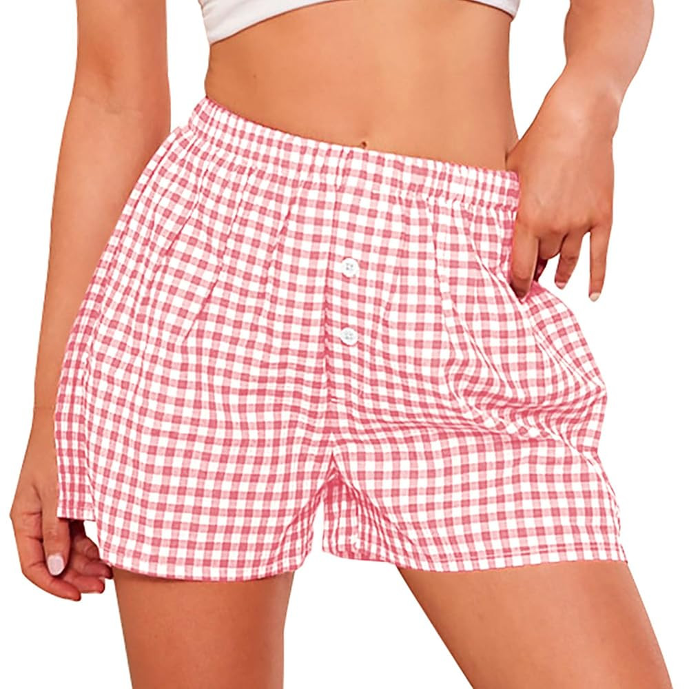 PRETTYGARDEN Womens Shorts Boxers 2025 Summer Gingham Pajama Lounge Sleep Y2K Plaid Pj Shorts Bea... | Amazon (US)