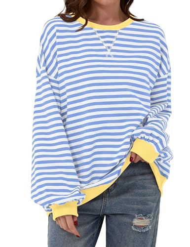 TERIVEEK Women Oversized Striped Color Block Long Sleeve Crew Neck Sweatshirt Casual Loose Pullover Y2K Shirt Top Blue White | Amazon (US)