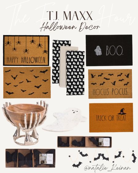 Tj maxx fall & Halloween finds. Halloween finds. Tj maxx. Halloween rug. Halloween towels. Candy bowl. Skeleton. Bar decor. Marble ghost. Bat garland. 

#LTKSeasonal #LTKsalealert #LTKunder50
