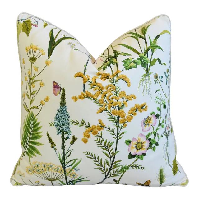 Cottage Cotton & Linen Wildflower Feather/Down Pillow 22" Square | Chairish