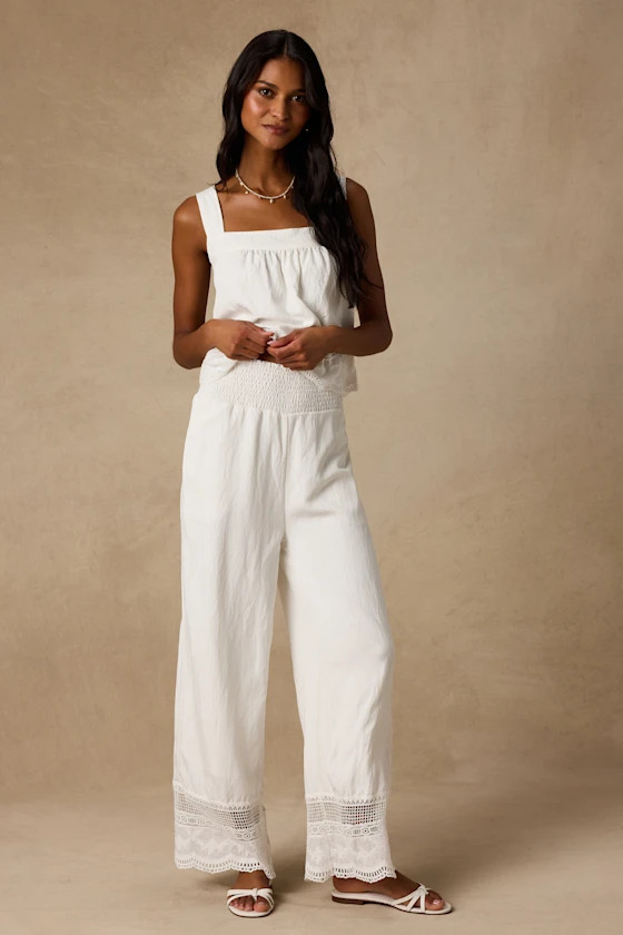 Parisa White Cotton Crochet Lace Wide-Leg Pants | Lulus