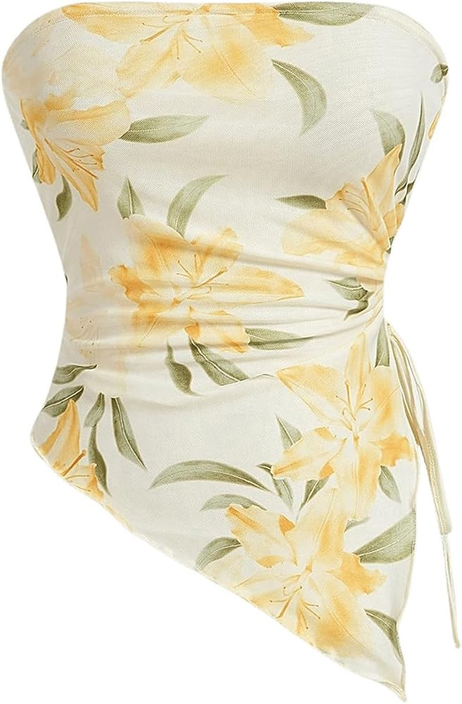 WDIRARA Women's Floral Mesh Strapless Side Ruched Tube Top Asymmetrical Hem Bandeau Crop Tops | Amazon (US)