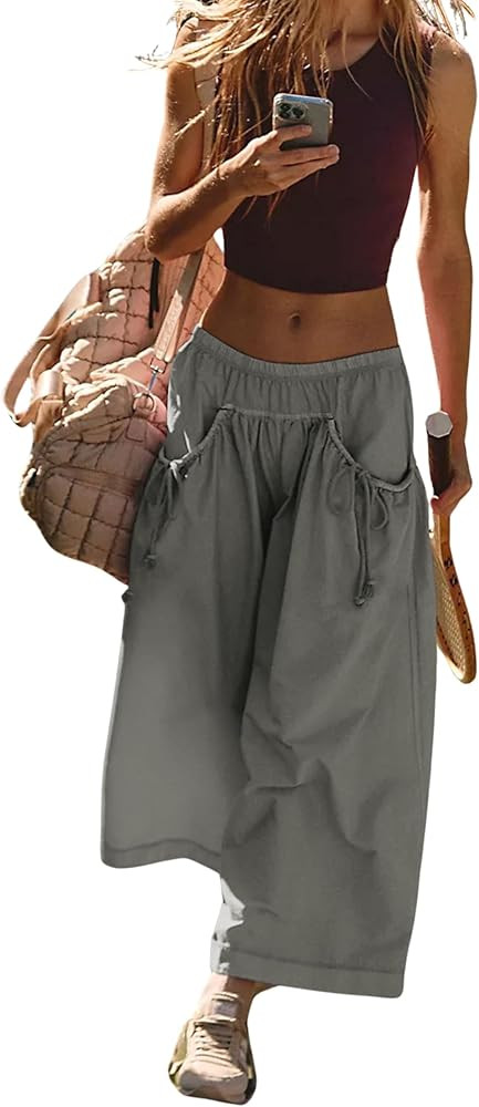 Hooever Women's Loose Wide Leg Track Pants Drawstring Pockets Elastic Waist Capri Hiking Pants | Amazon (US)