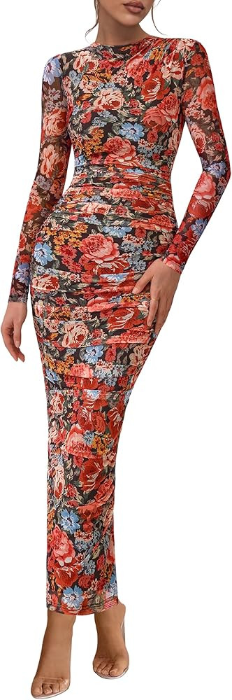 PRETTYGARDEN Women's Long Sleeve Maxi Dress 2025 Fall Ruched Bodycon Floral Mesh Formal Wedding G... | Amazon (US)