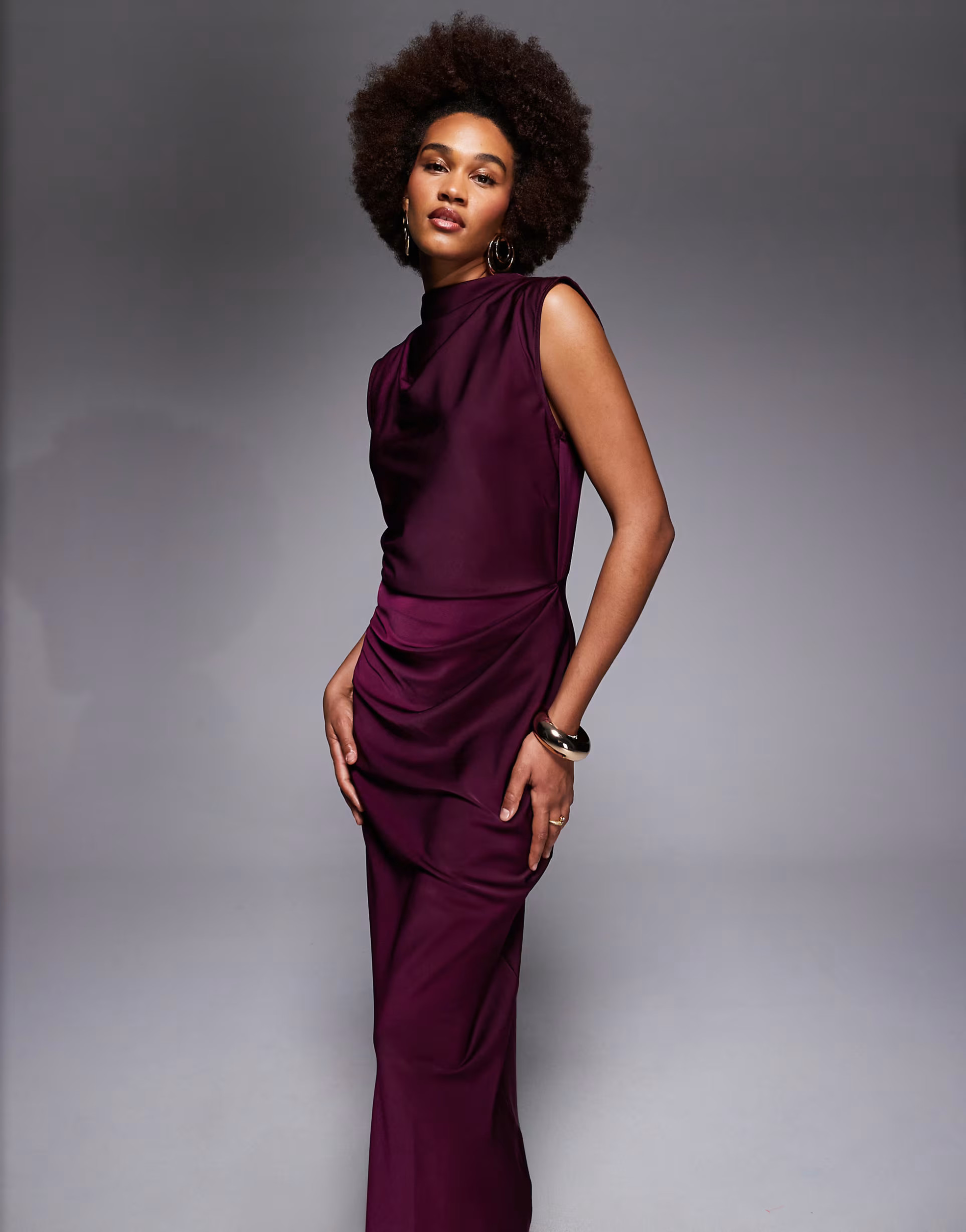 ASOS DESIGN Tall satin high neck pleated bodice midi dress in berry | ASOS (Global)