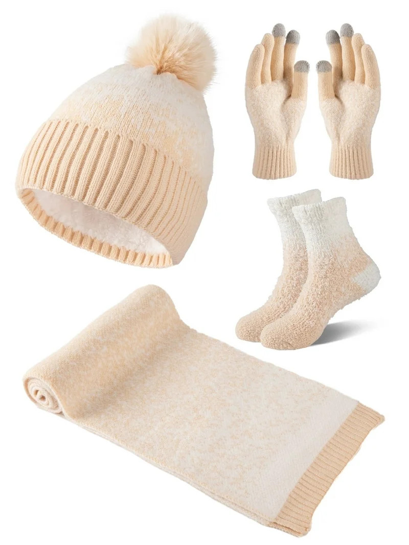 COOPLUS 4 Pcs Women Winter Christmas Hat Scarf Gloves Socks Set Knitted Beanie Cap Touchscreen Gl... | Walmart (US)
