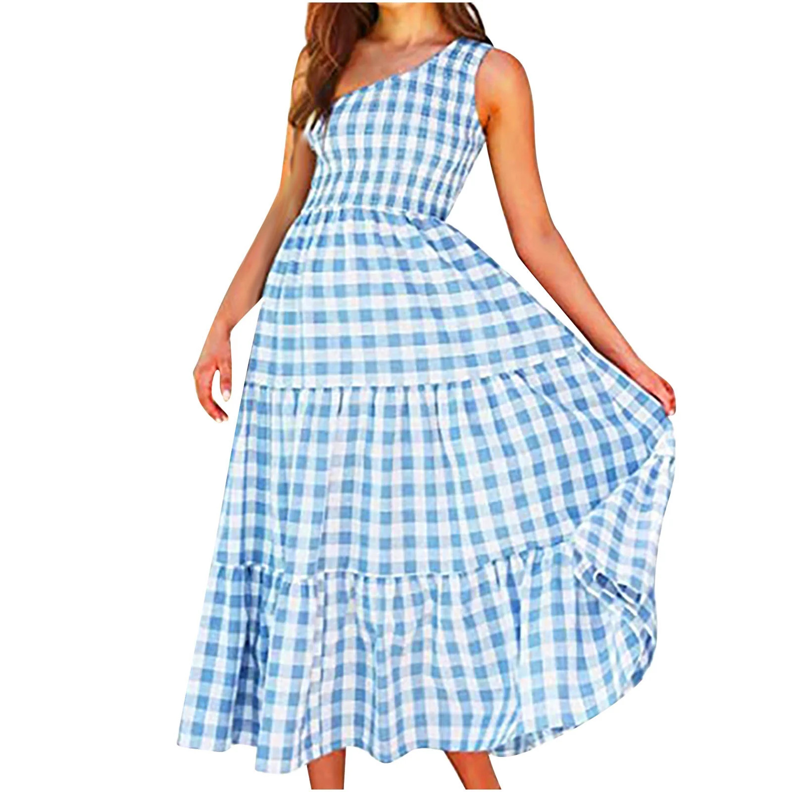 USSUMA Sundresses for Women Casual Summer A Line Pleated Smocked Swing Midi Beach Dress Plaid Pri... | Walmart (US)