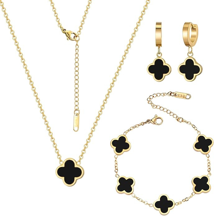 18K Gold Plated Lucky Clover Jewelry Set Black White and Red Four Leaf Clove Bracelet Necklace an... | Amazon (US)