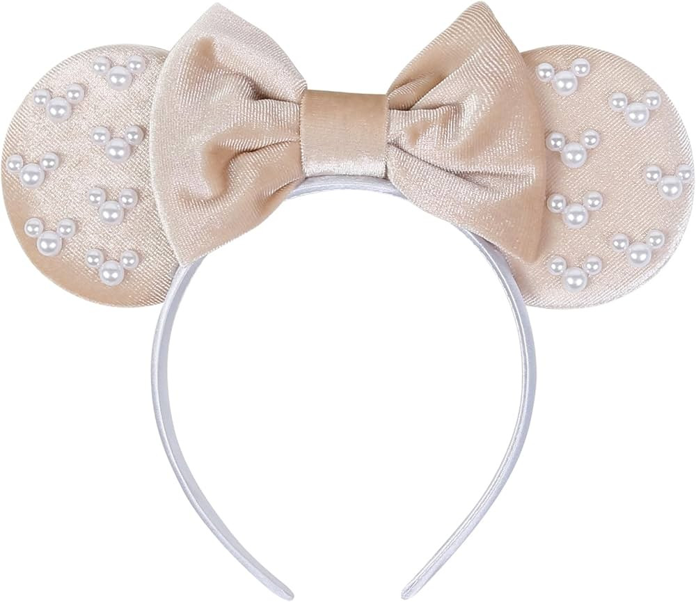 WOVOWOVO Mouse Ears Headbands for Women Girls Kaki Bow Pearl Hairbands Velvet Headband Christmas ... | Amazon (US)