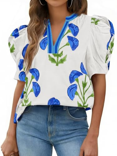 Cicy Bell Womens Summer Puff Sleeve Blouses Casual Dressy V Neck Color Block Tops Loose Fit Boho ... | Amazon (US)