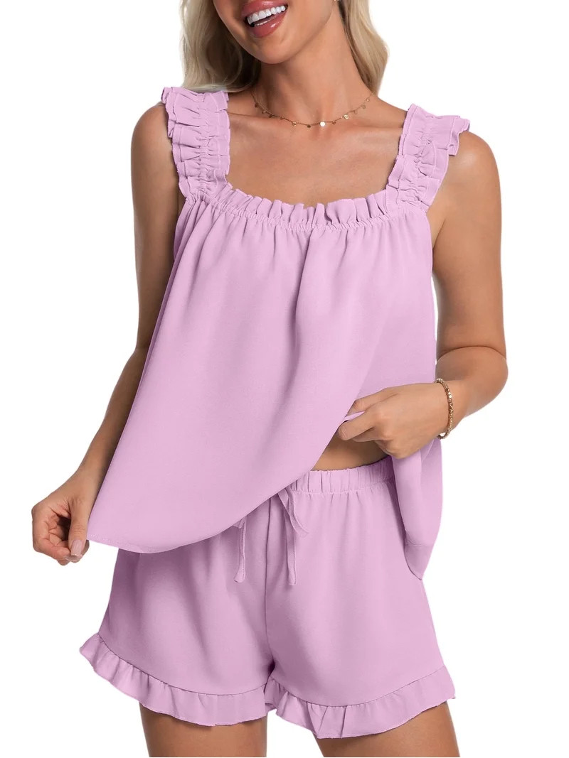 DAKIMOE Womens Pajamas Set 2 Piece Ruffle Pj Soft Tank Top and Shorts Sleepwear Lounge Sets for W... | Walmart (US)