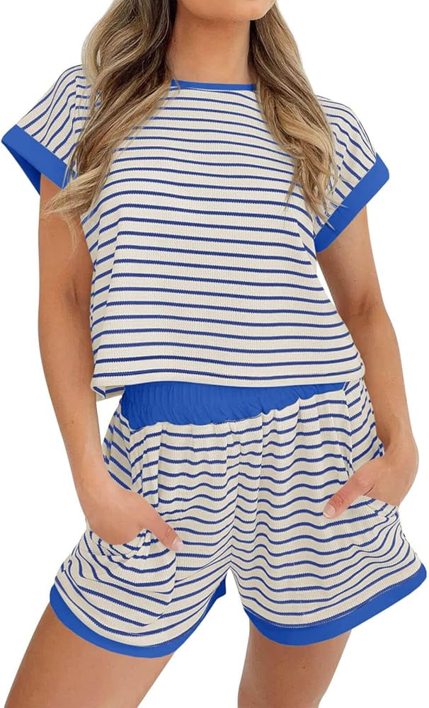 Tankaneo Womens Summer 2 Piece Sets Striped Short Sleeve T Shirts and Shorts Loungewear Matching ... | Amazon (US)