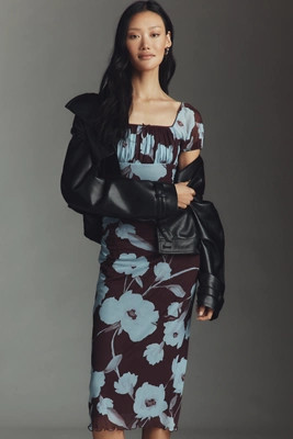 Maeve Puff-Sleeve Square-Neck Mesh Midi Dress | Anthropologie (US)