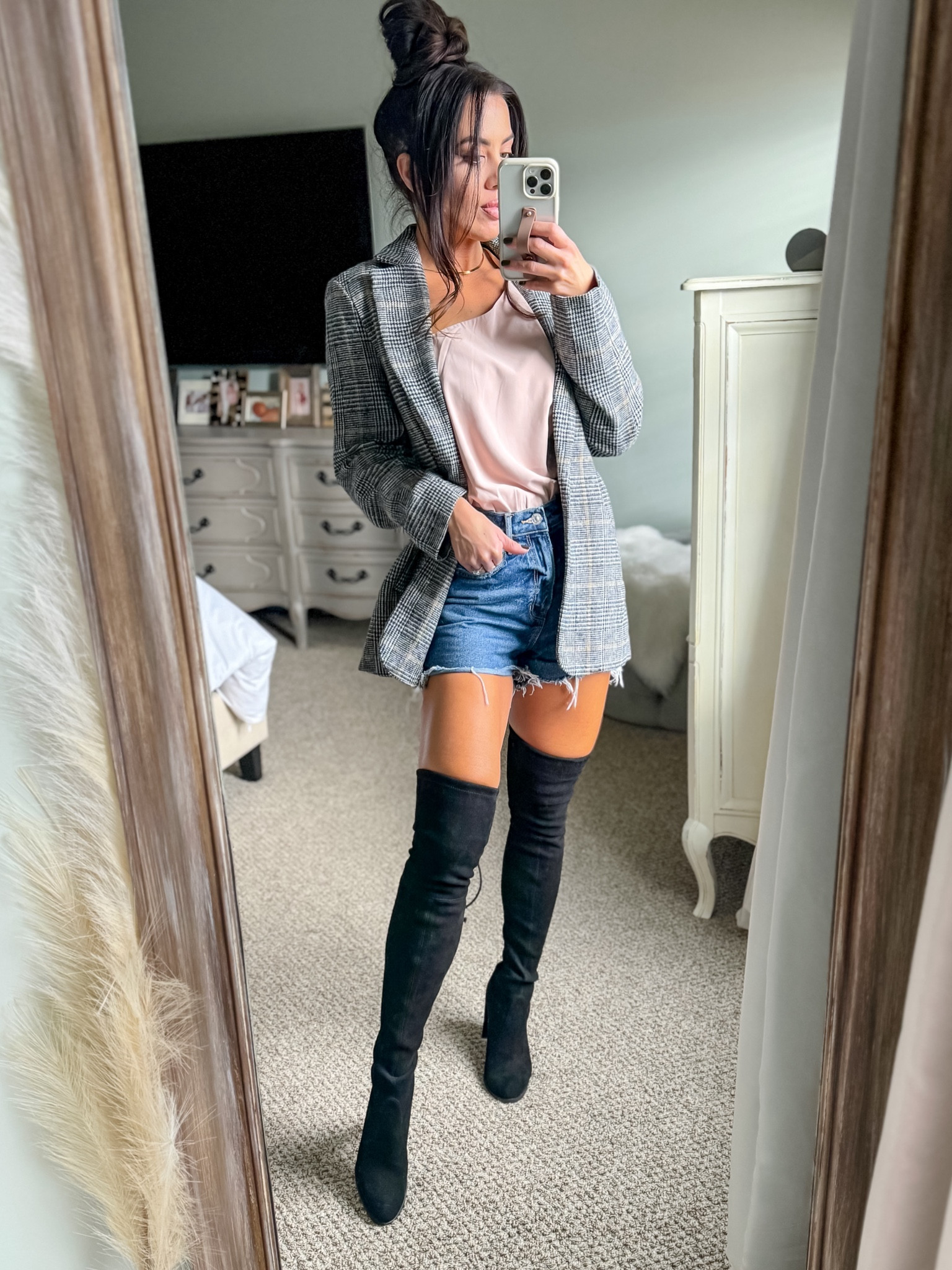 Plaid boyfriend blazer. Denim shorts. OTK boots. Stuart Wietzman. Blush bodysuit 

#LTKGiftGuide #LTKfindsunder50 #LTKSeasonal