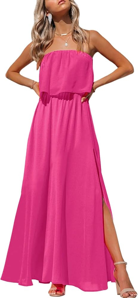 Linsery Women's Summer Boho Strapless Side Slit Maxi Dress Tube Top Floral Beach Long Sundresses | Amazon (US)