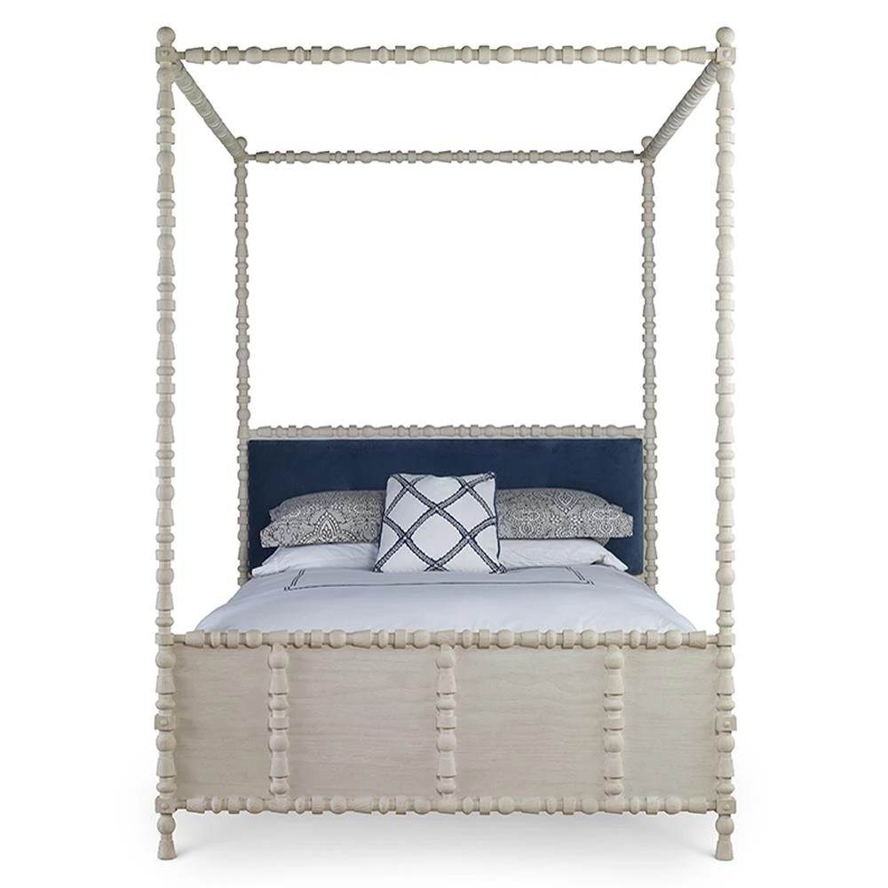 Mr. Brown St. Tropez French Country Harbour Velvet White Pine Canopy Bed - Queen | Kathy Kuo Home