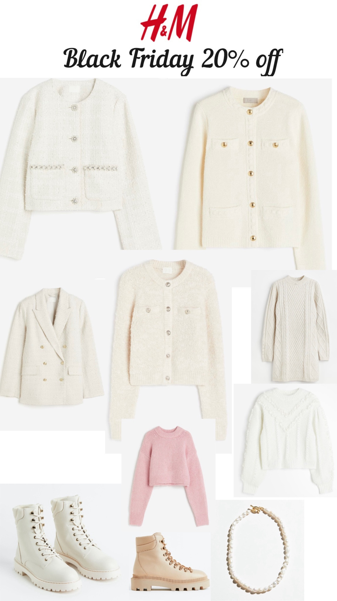 H&M Black Friday 20% off everything - plus members can enjoy discount early.

Here are some of my favourite picks🤍

1. The textured-knit cardigan with gold buttons has been on my wishlist for a while and it’s finally back in store! Grab it before it’s sold out again! True to size - I got XS.

2. The boucle cardigan - I have worn it a lot it’s so warm and comfy. 
 True to size - I got XS.

3. The boucle blazer looks very elegant.  True to size - I got XS.

4. The bead-detail jacket is so cute with cute pearl flower buttons! It’s almost sold out! But I checked that it’s still available in many stores! True to size - I got XS.

5. The cable knit jumper dress is quite small and slim fit. Recommend to size up. I got Xs and doesn’t like the fit. May need to exchange for size S.

I ordered a pair of white lace-up boots as I need some practical and comfy boots.

The pearl necklace is very cute and high quality. A good dupe for the dior pearl necklace. Fresh water pearls.

#LTKCyberWeek #LTKfindsunder50 #LTKeurope