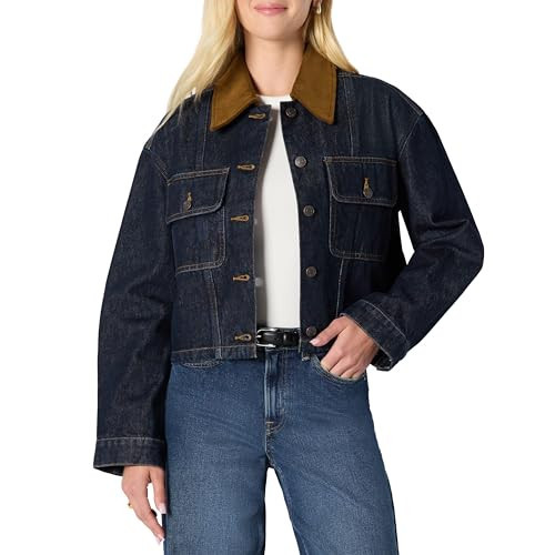 Amazon Essentials Women's (Demi's Pick) Oversized-Fit Cropped Denim Jacket with Contrast Corduroy Collar, Rinse, Medium | Amazon (US)