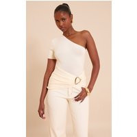 Cream One Shoulder Asymmetric Trim Detail Knit Top | PrettyLittleThing US
