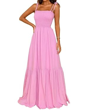 GOLDSTITCH Women's 2023 Summer Bohemian Spaghetti Strap Smocked A Line Flowy Maxi Dress | Amazon (US)