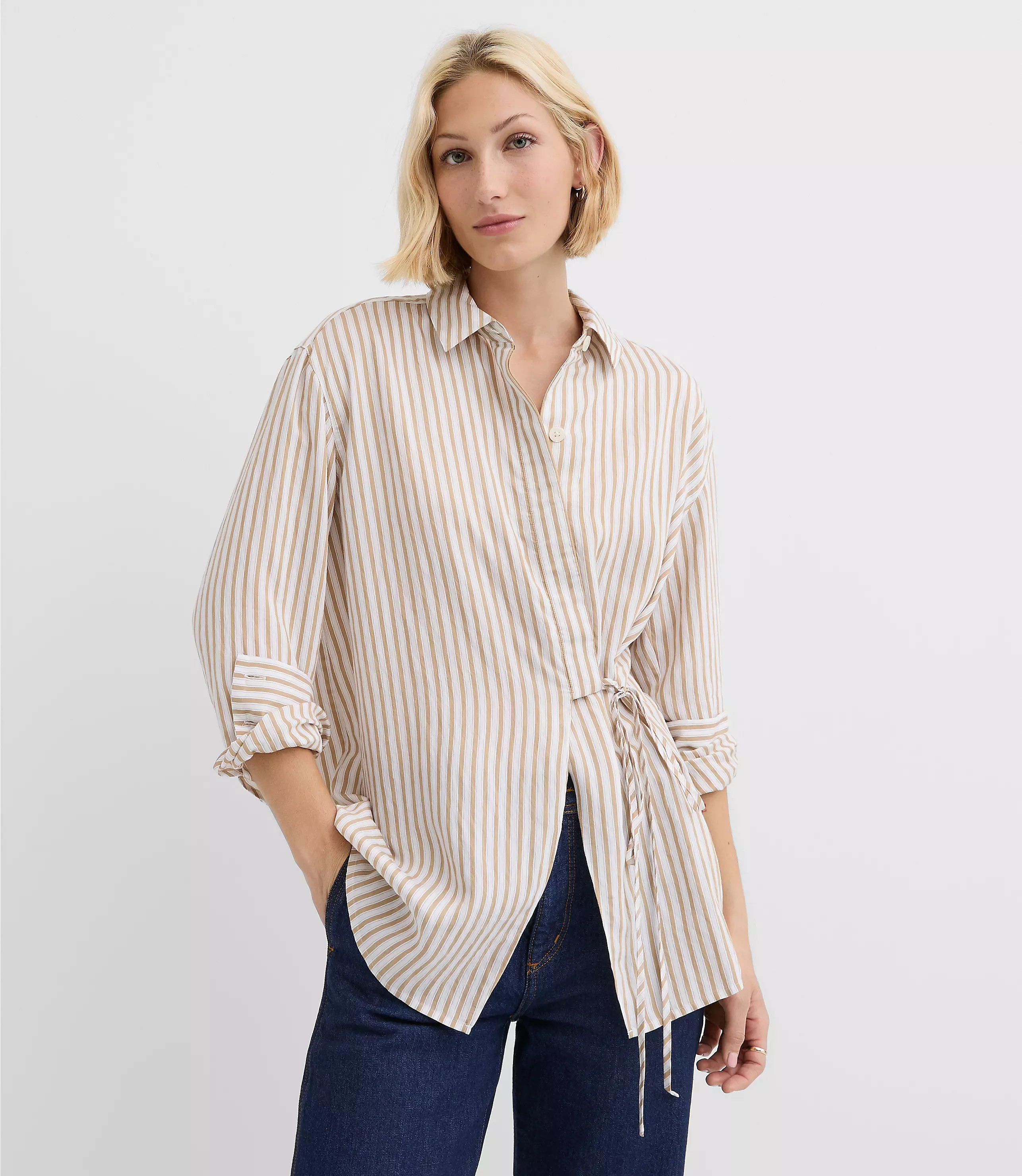 Striped Asymmetrical Side Tie Tunic Shirt | LOFT