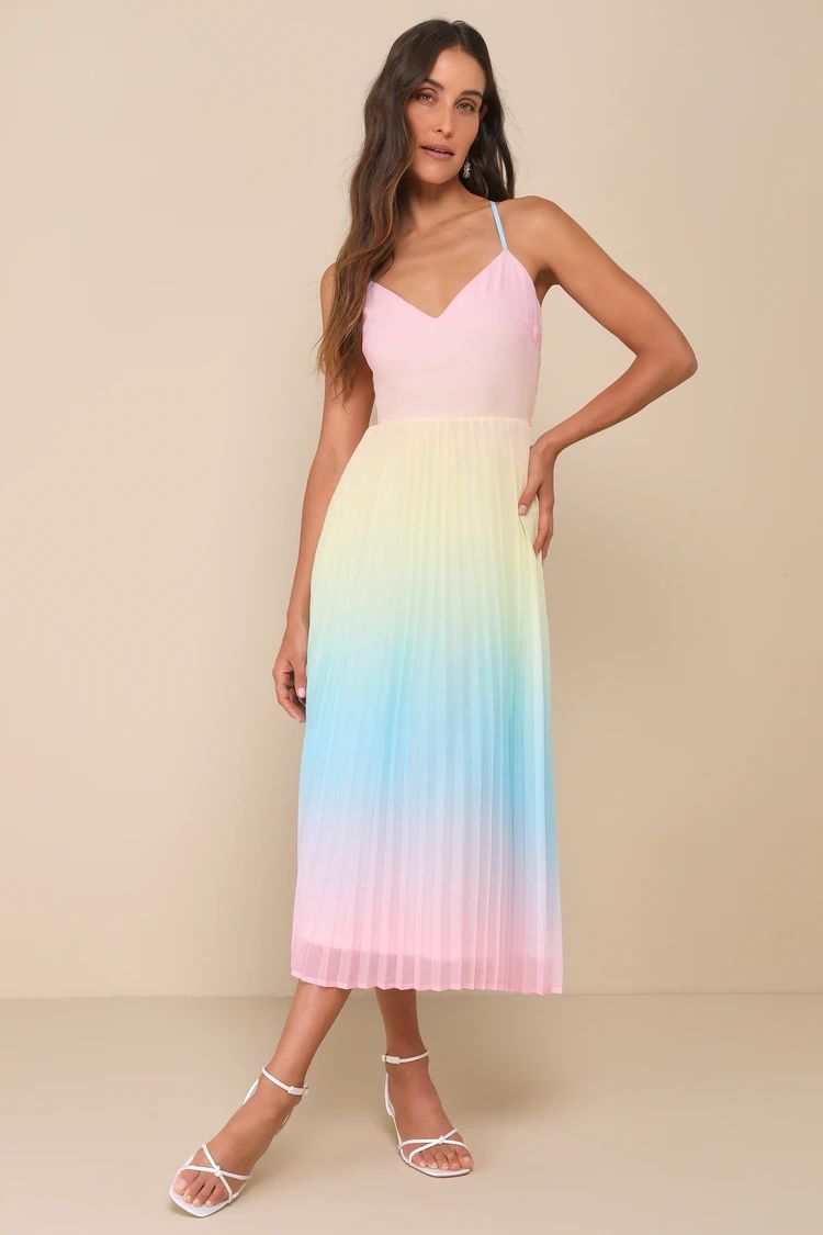 Sweetly Trendy Pink Multi Ombre Pleated Tie-Back Midi Dress | Lulus