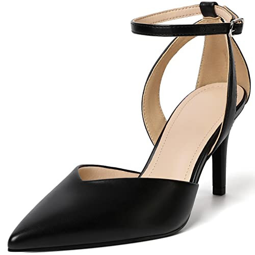 RIBONGZ Black Heels for Women Comfortable Closed Toe High Heels Sexy Work Pumps Kitten Heel Ankle Strap Party Dress Low Heel Shoes 7.5 | Amazon (US)