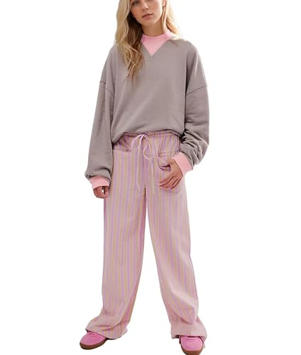 Women Drawstring Stripe Wide Leg Casual Trousers Striped Low Rise Casual Loose Lounge Pants with ... | Amazon (US)