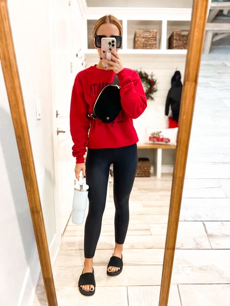 Casual outfit. Mom outfit. Lululemon align shine leggings (sz 0). Lululemon slides. Lululemon Sherpa belt bag (great gift). Gucci sunglasses. Sassy Queen sweatshirt (code is LISAMARIE).

*Slides are whole sizes only. Size up if you are a half size). 

#LTKfit #LTKGiftGuide #LTKshoecrush