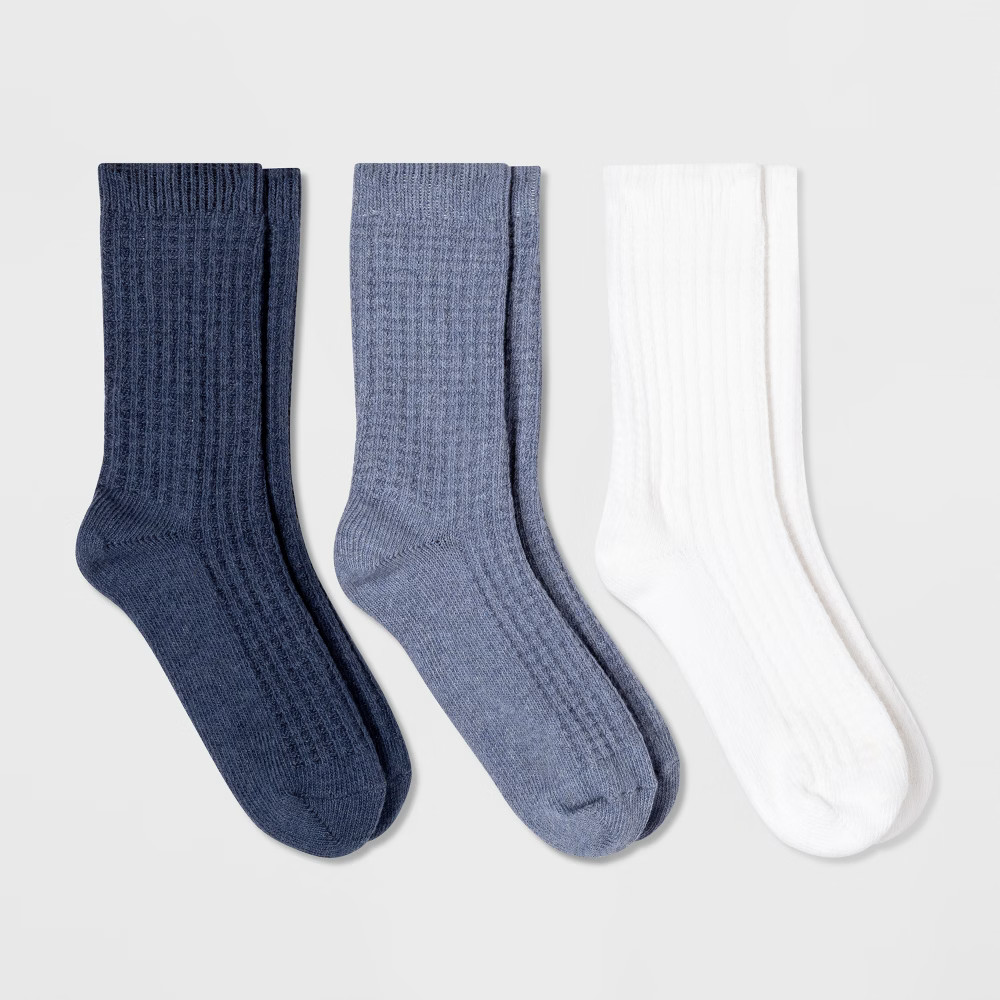 Women's Waffle 3pk Crew Socks - Universal Thread Blue/White 4-10 | Target