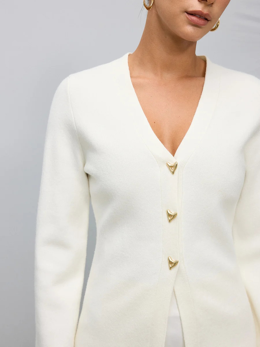 Metal Button V-Neck Knitted Cardigan | Commense