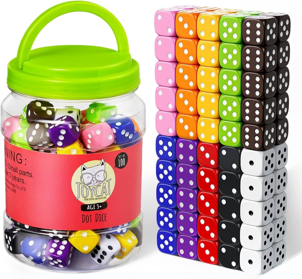 JoyCat 100 16mm 6 Sided Dice Set Standard Game Dice Kids for Board Games Dice Games Math Dice for Classroom with Storage Bucket Opaque 10 Colors | Amazon (US)