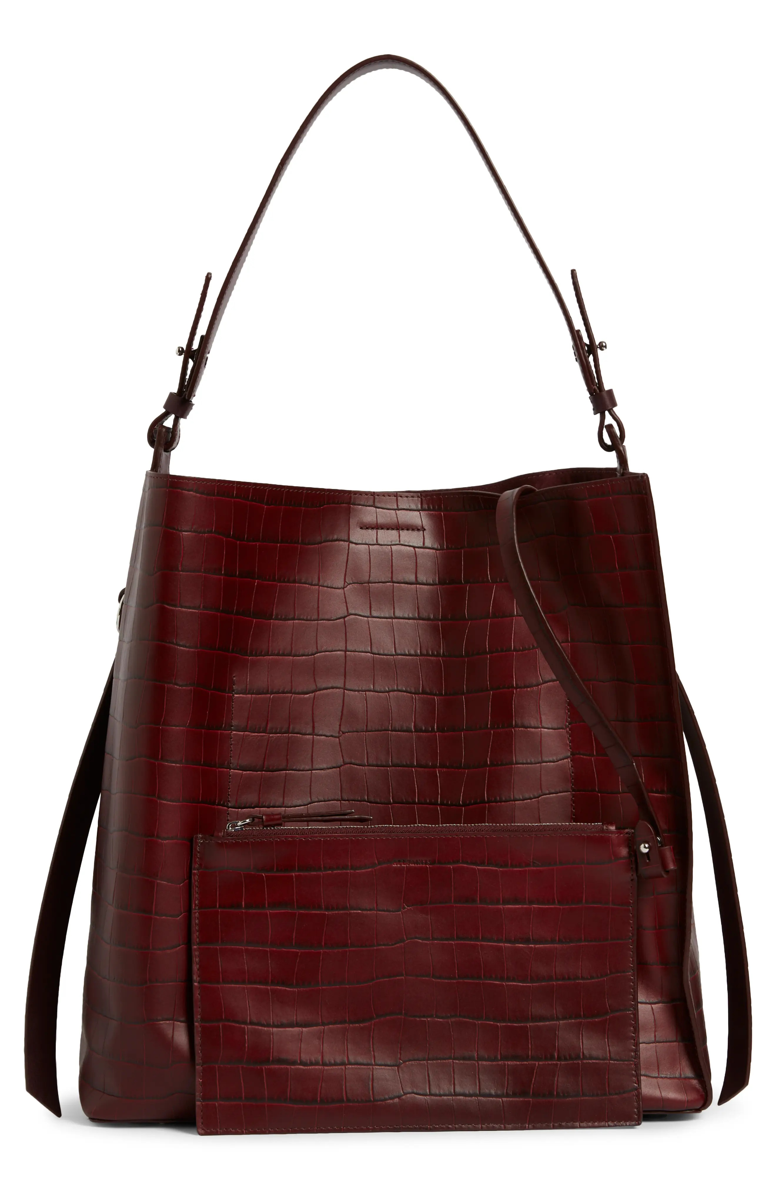 Allsaints Polly Croc Embossed Leather North/south Tote With Removable Pouch - Red | Nordstrom