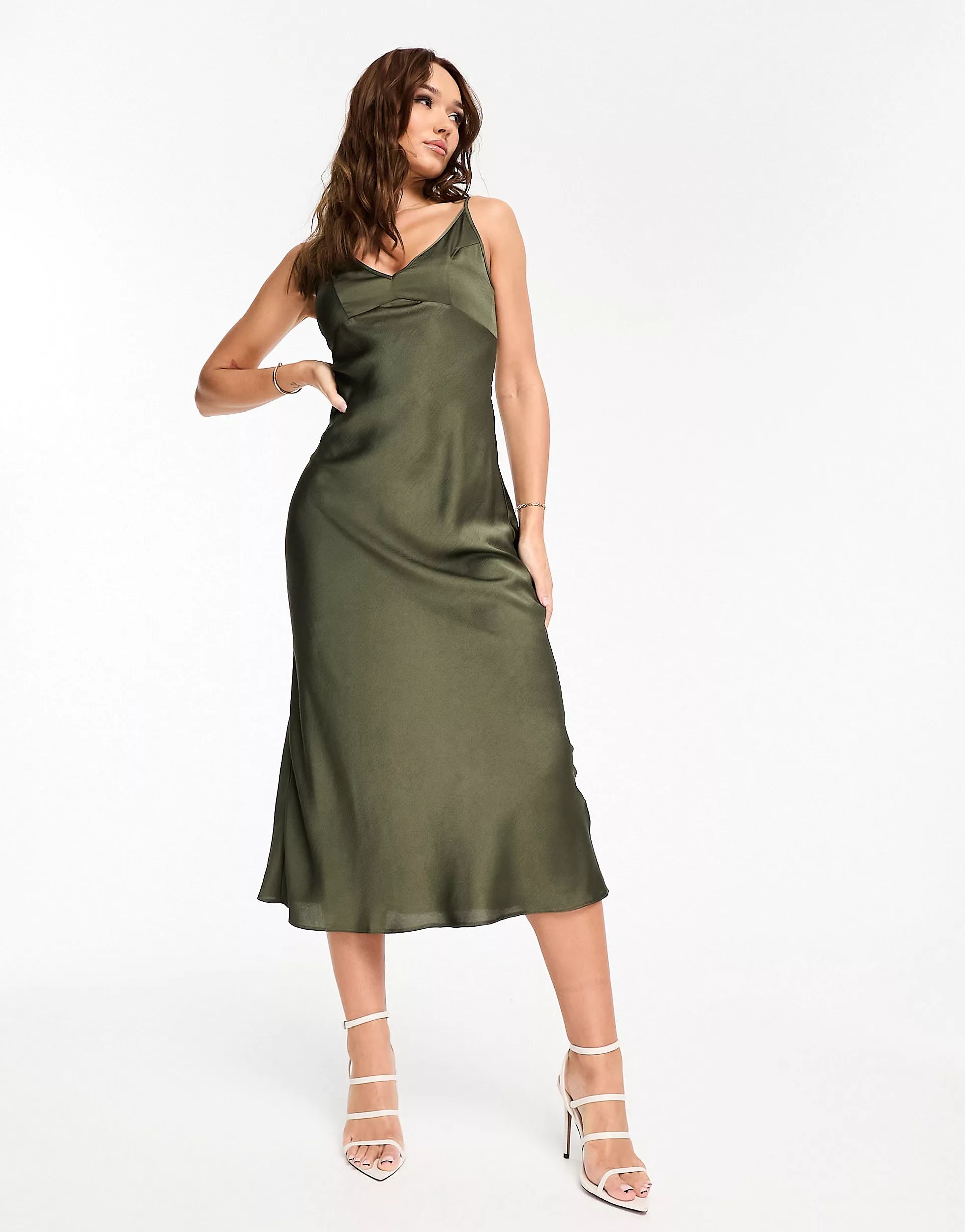ASOS DESIGN high apex midi slip dress in hammered satin in dark olive | ASOS (Global)