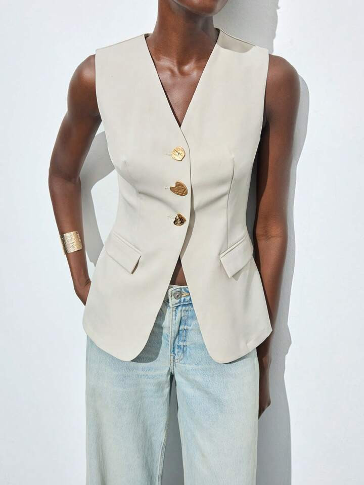 Maija Apricot Sleeveless Summer Women Blazer Jacket, Elegant Minimalist Fashion Comfortable Versatile Suitable For Holiday Gatherings, Classic Casual Top Office Outfits For Women | SHEIN