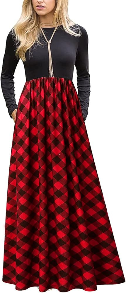 MEROKEETY Women's Long Sleeve Plaid Empire Waist Full Length Maxi Dress with Pockets | Amazon (US)
