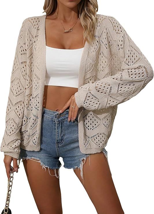 OYOANGLE Women's Casual Pointelle Knit Open Front Long Sleeve Drop Shoulder Cardigan Sweater | Amazon (US)