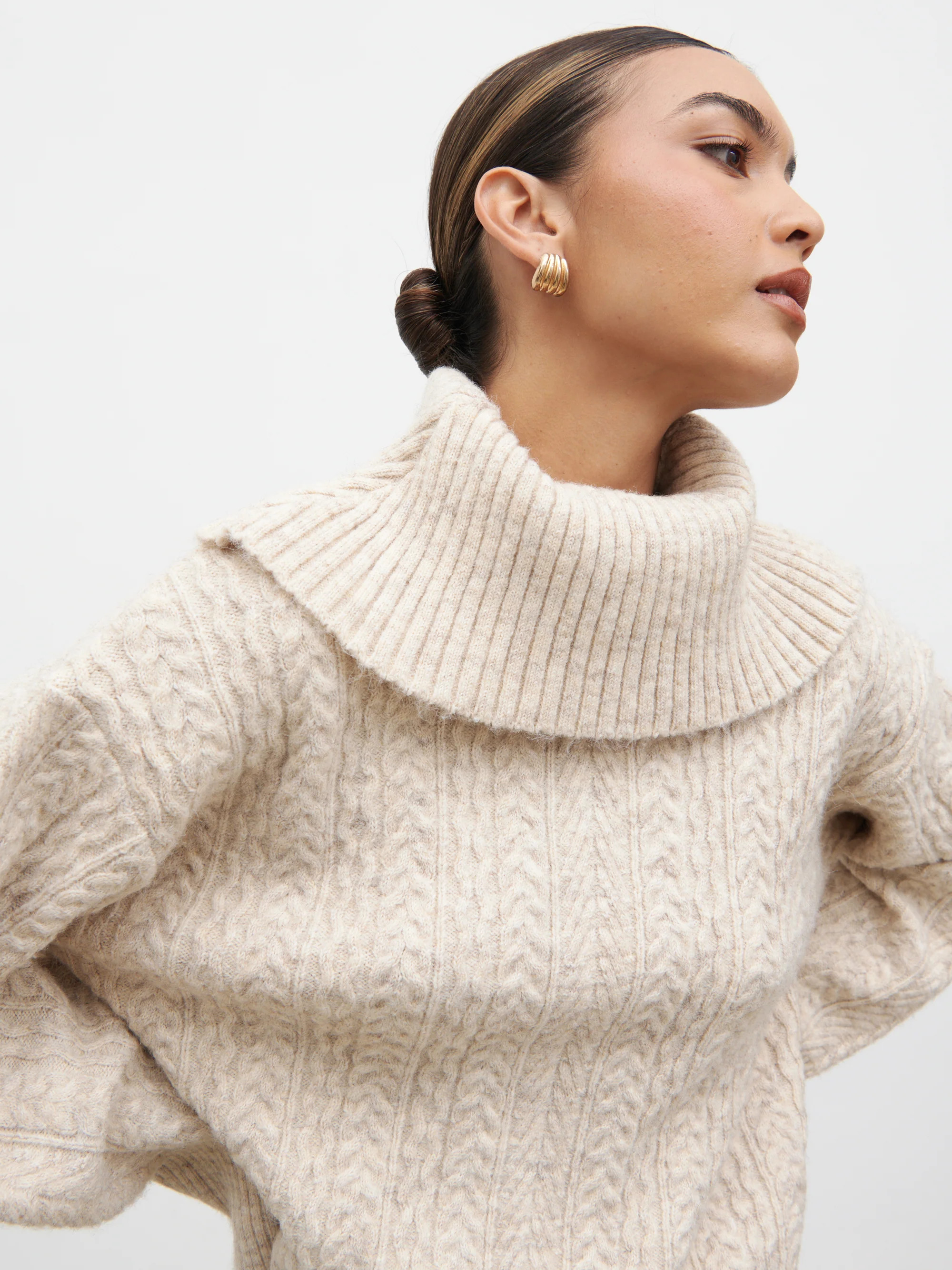 Blossom Cable Knit Exaggerated Roll Neck Jumper - Light Beige | Pretty Lavish (UK)