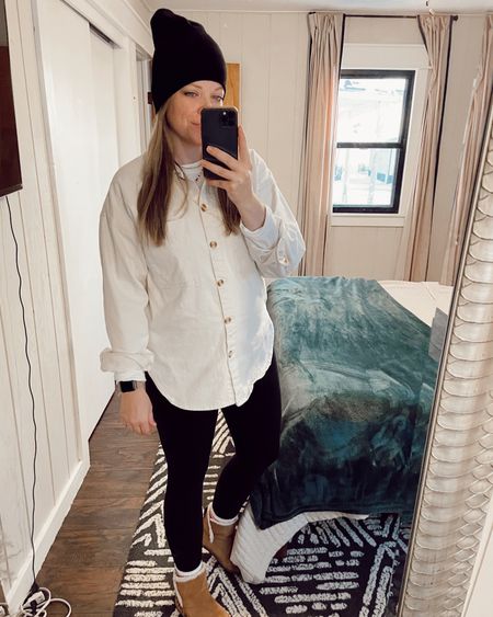 Casual winter outfit. Winter maternity outfit. White shacket. Casual leggings outfit  

#LTKSeasonal #LTKstyletip #LTKunder100