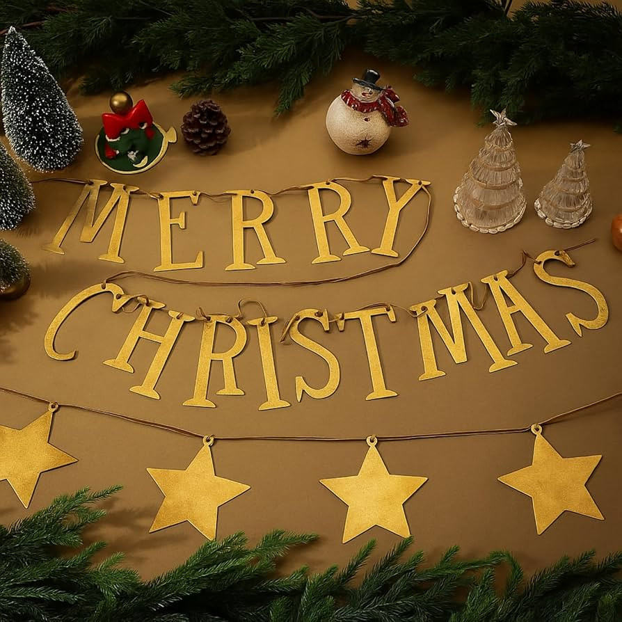 Breling Set of 2 Brass Merry Christmas Banner and Metal Vintage Star Garland 6 ft Merry Christmas... | Amazon (US)
