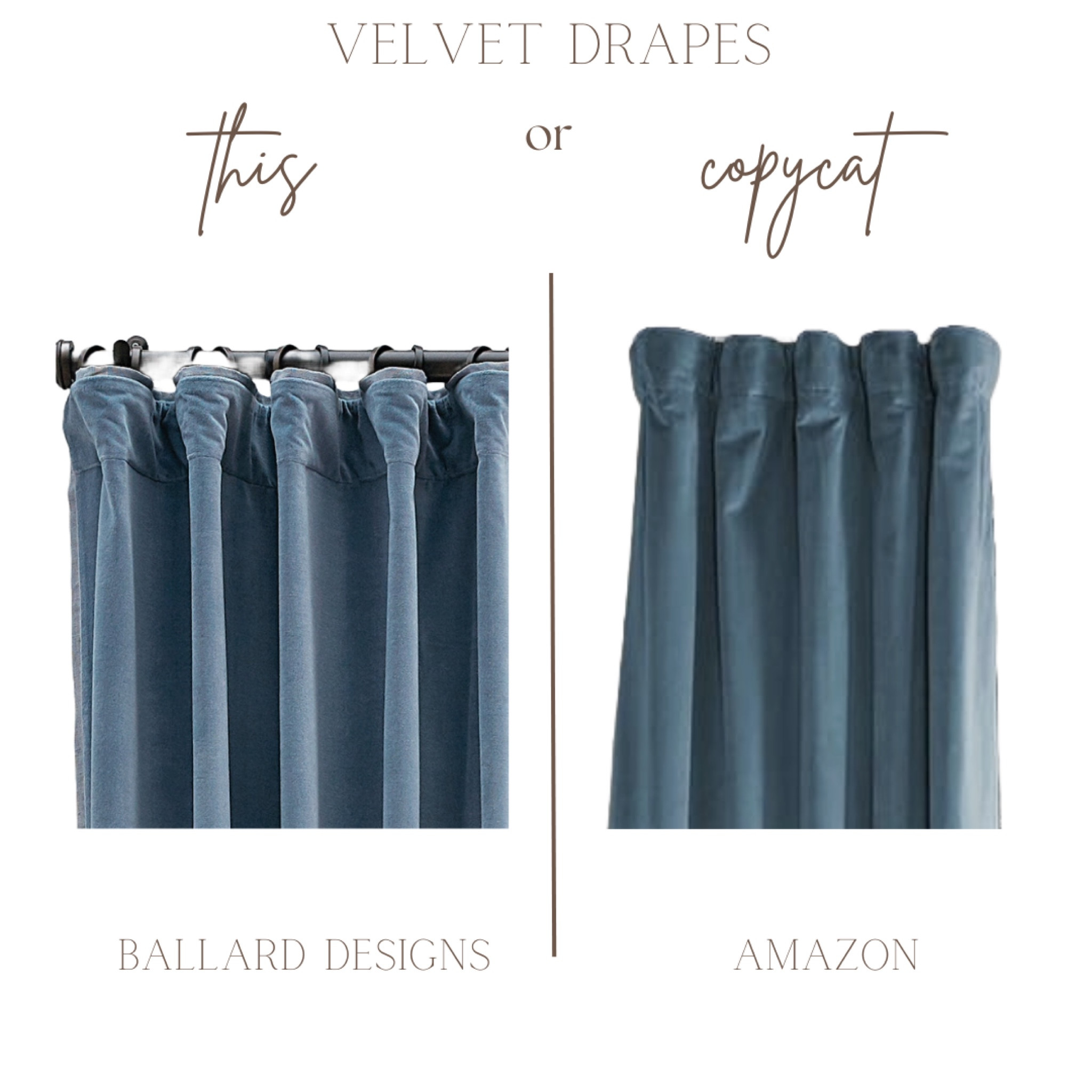 This or copycat drapes edition. I have the Amazon ones in my home in a neutral tone and love them! And they are blackout 🙌

Come in a variety of colors. 


Velvet drapes, Ballard designs, interior design, home decor, living room, bedroom, nursery, soft, pleated , house, window treatments, dupes, Affordable alternative, budget, blue, tan, taupe, white 

#LTKfindsunder100 #LTKsalealert #LTKhome