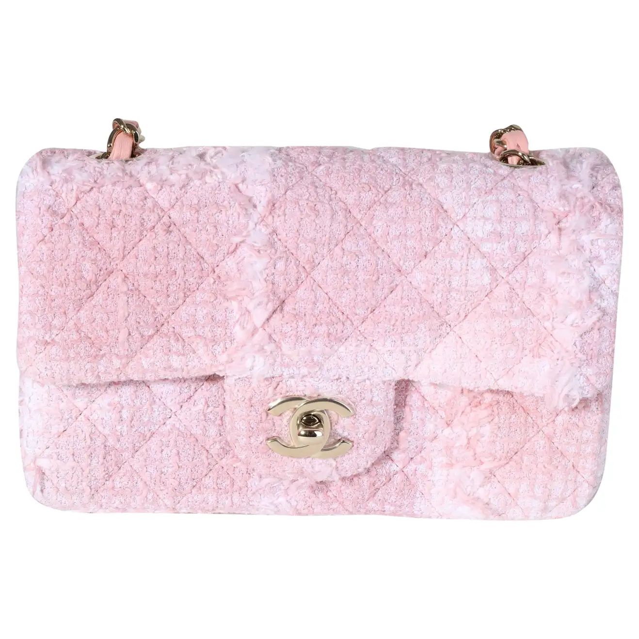 Chanel Pink & White Tweed Mini Rectangle Classic Flap | 1stDibs