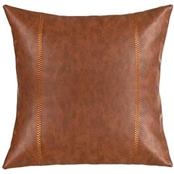 Snugtown Decorative Faux Leather Dark Brown Throw Pillow Cover 18x18 Inch with Embroidery, Tan Pi... | Amazon (US)
