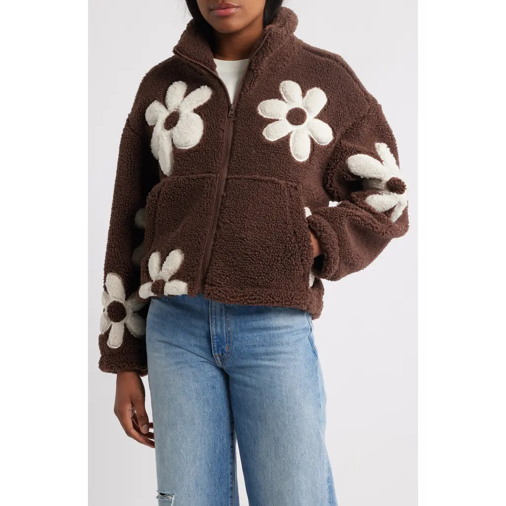 Thread & Supply High Pile Fleece Floral Jacket in Deep Mahogany at Nordstrom Rack, Size X-Small | Nordstrom Rack
