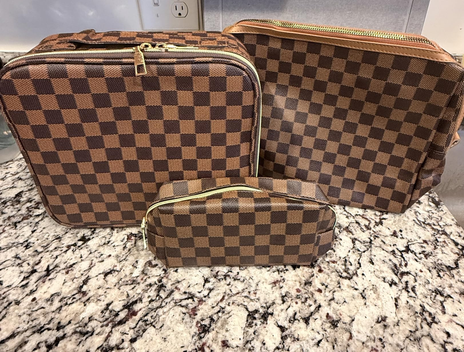 Makeup Bag,3 Pcs Brown Checkered Bags Set,Portable with Adjustable Partition,Large Capacity Pouch... | Amazon (US)