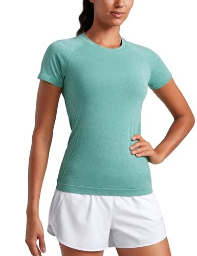 CRZ YOGA Seamless Workout Tops for Women Hip Length - Athletic Running Gym Yoga Short Sleeve Shirts Breathable Crewneck Tees Cascadia Green Heather X-Small | Amazon (US)