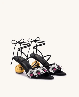 Celia Orchid Embroidered Sphere Heel Lace-Up Sandals - Black | JW PEI US