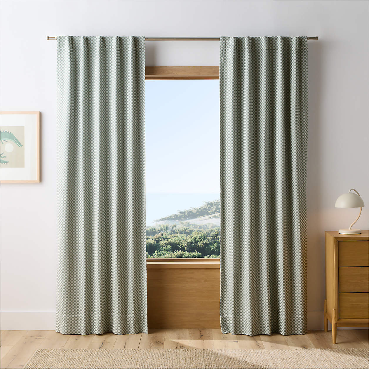 Mini Checker Verte Green Kids Organic Cotton Blackout Curtain Panel 44"x84" | Crate & Kids | Crate & Barrel